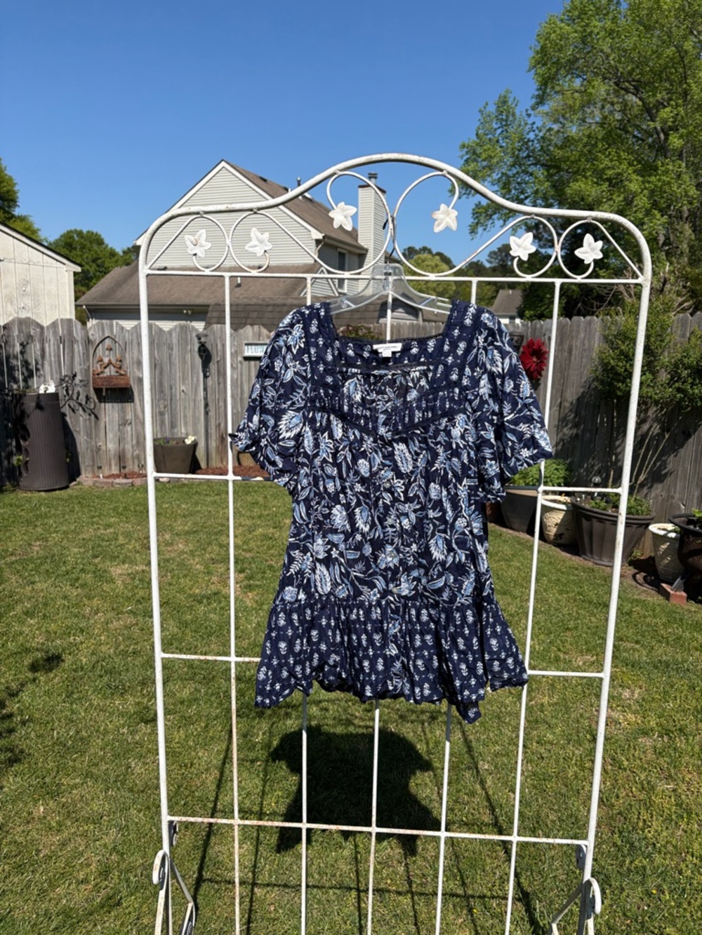 beachlunchlounge Navy Blue Floral Ruffle-Hem Peasant Blouse